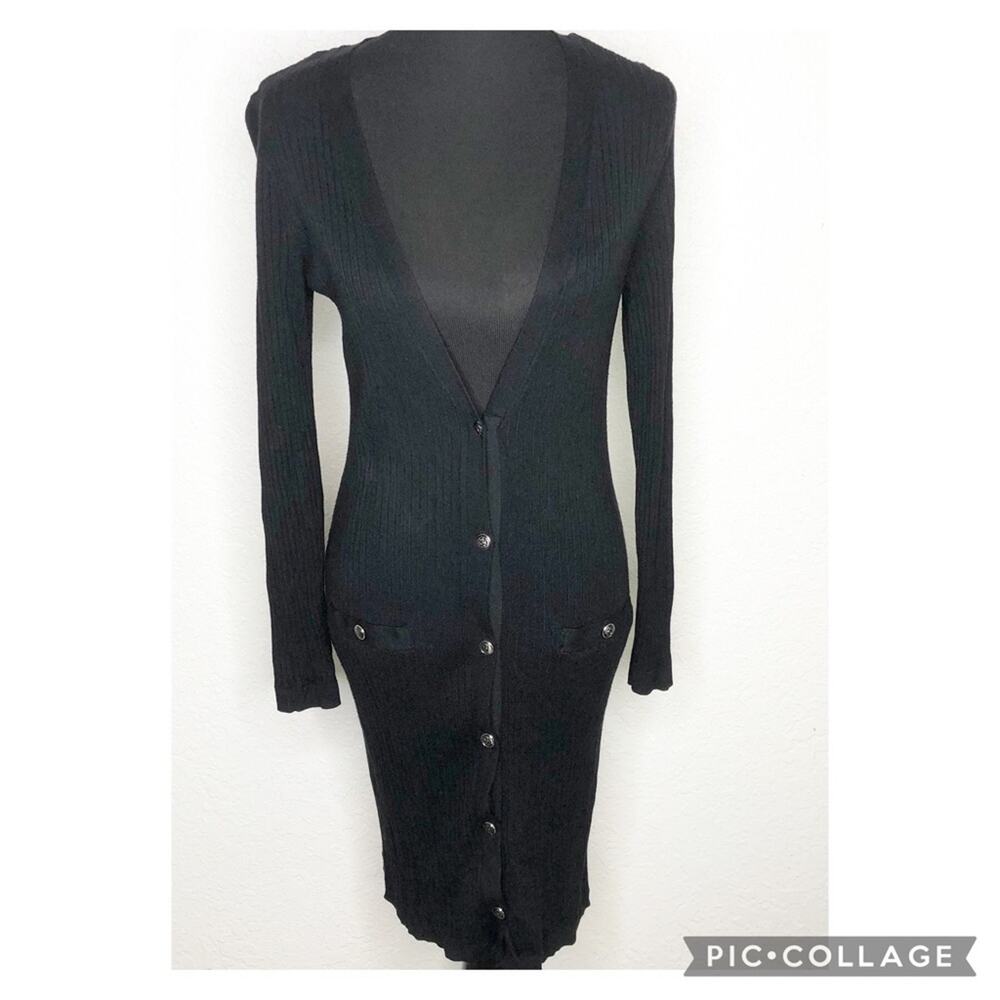 WHBM black ribbed deep v neck button front long cardigan sweater size Small